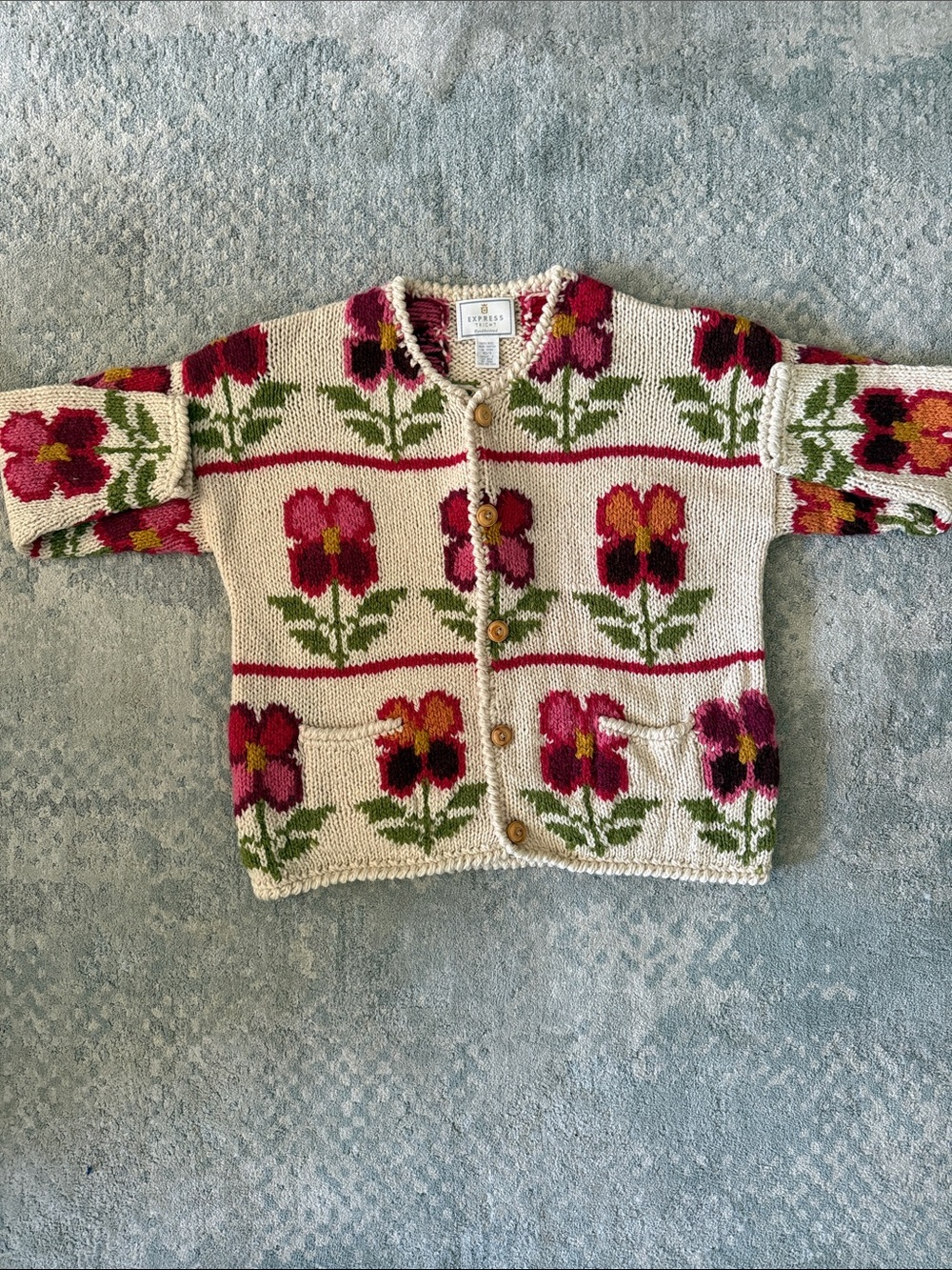 Vintage 90’s Express Floral Knit Cardigan - Cream, Pink & Green